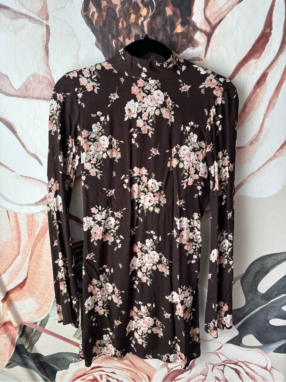 H&M Brown Long-Sleeve Mock Neck Top with Pink Floral Print